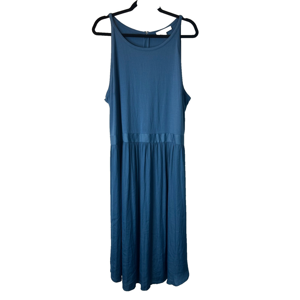 Loft Mixed Media Tie Waist Tank Dress Size 22 Blue Sleeveless Woven Pleated Midi